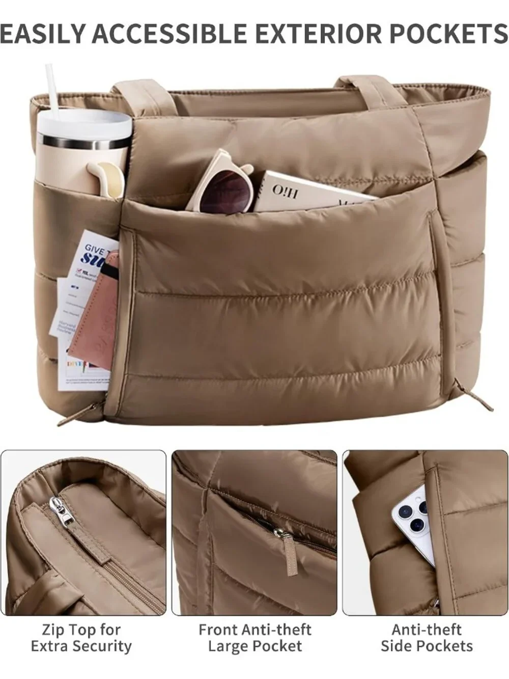 👜Women's Dark Khaki Puffer Tote Bag 16 Pockets Work Gym Travel Laptop Handbag